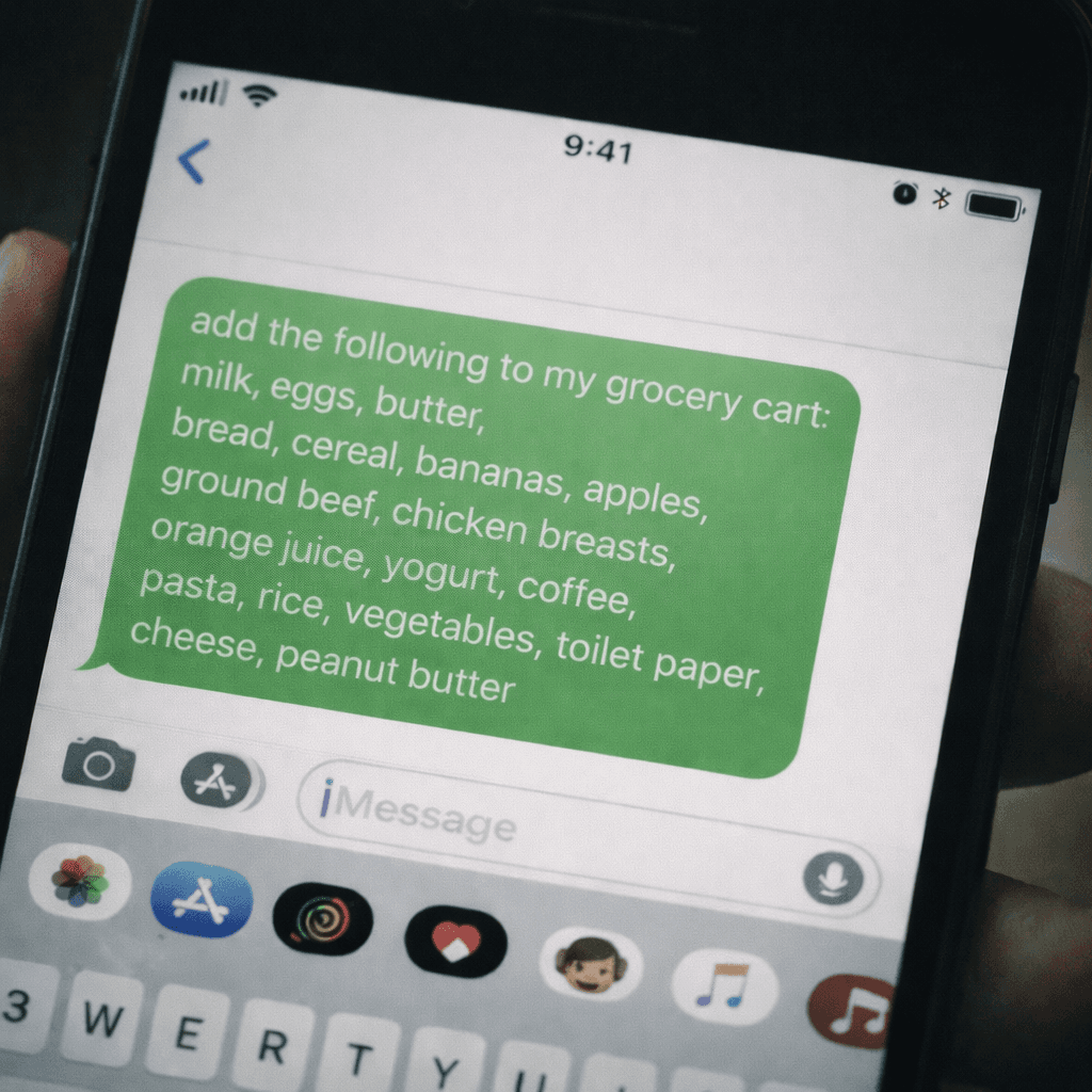 iPhone iMessage showing a text message with a grocery list sent to a Twilio number for automated cart management