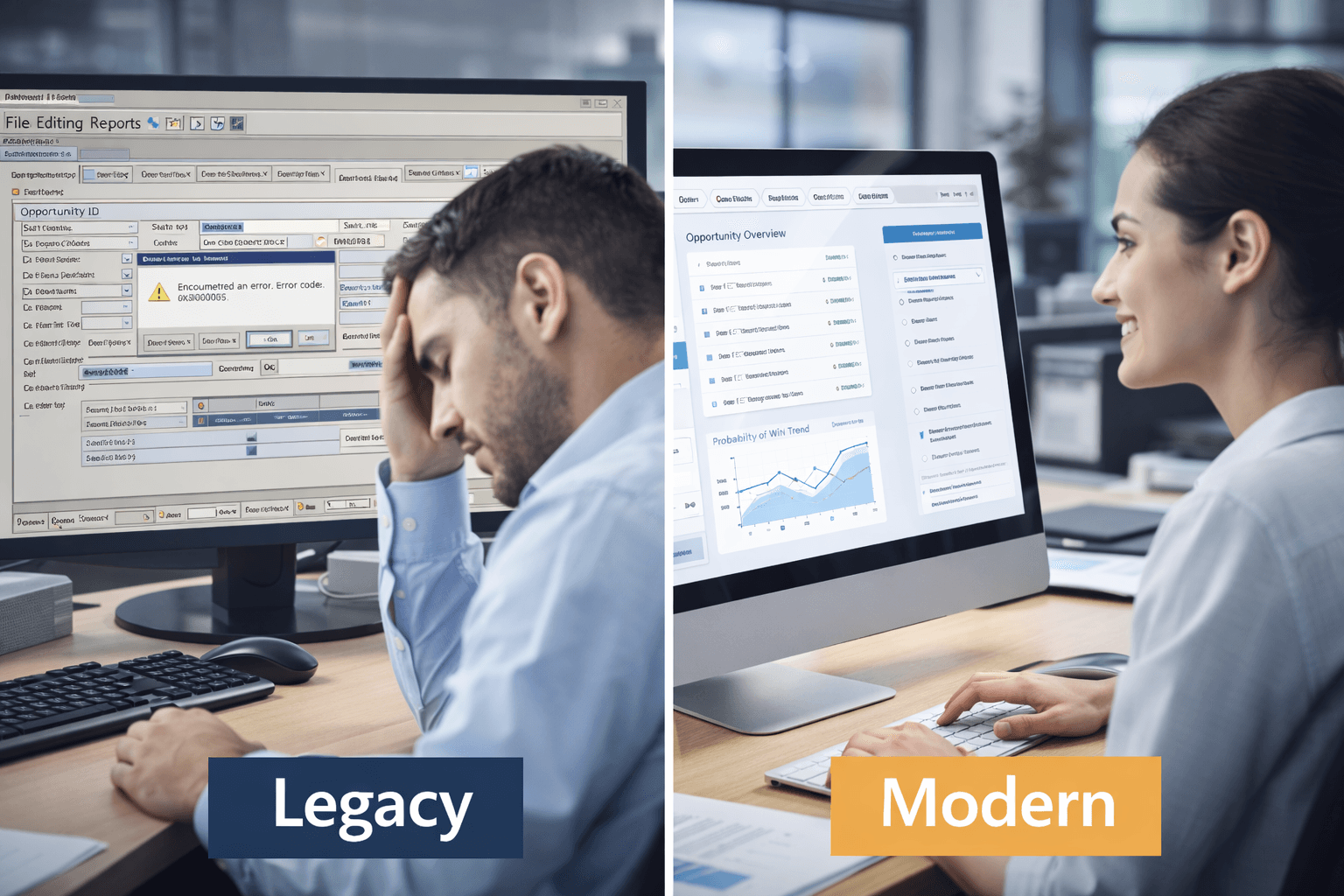 Frustrated employee struggling with legacy software versus engaged employee working productively with modern interface