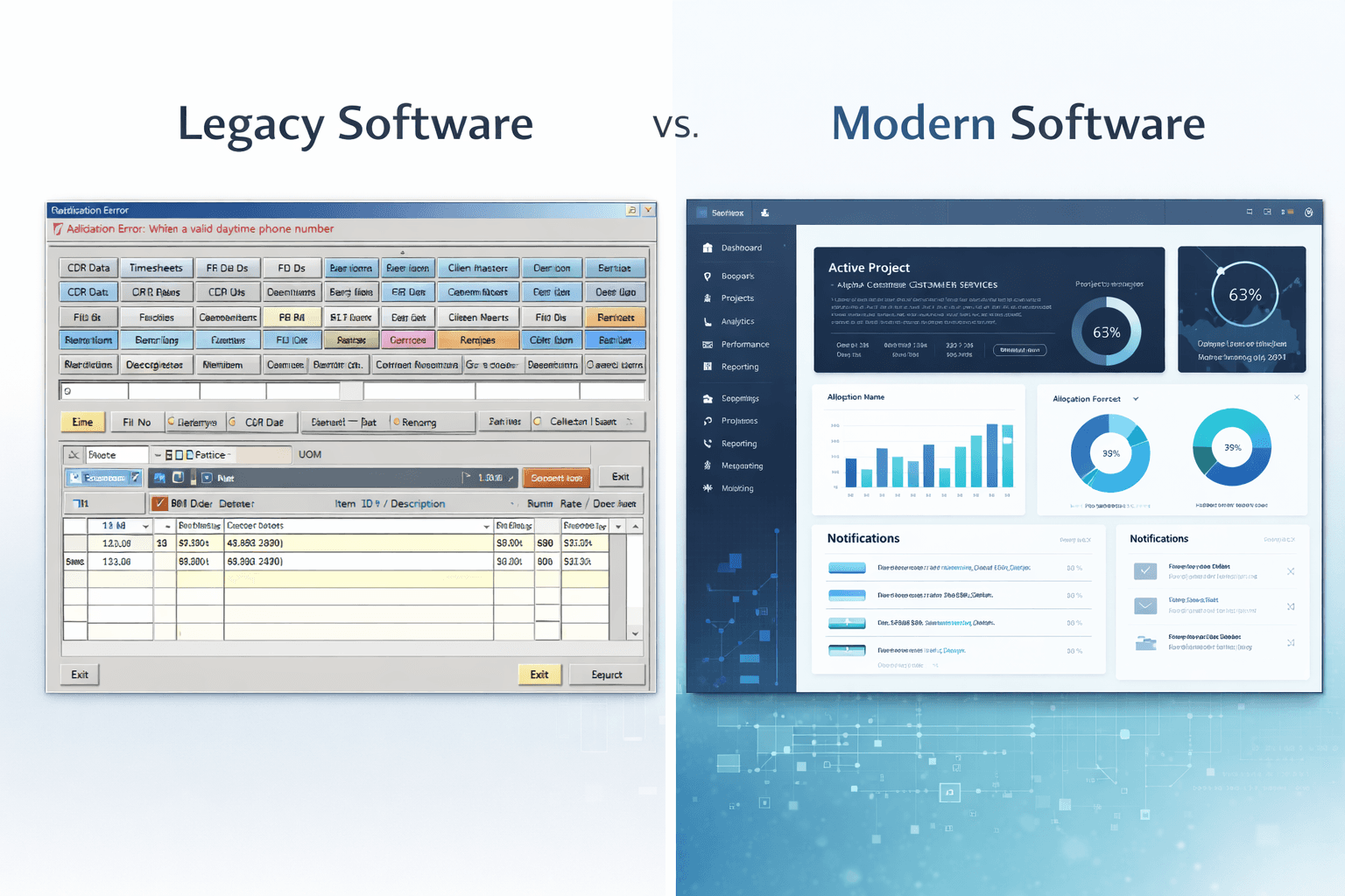 Side-by-side comparison of legacy enterprise software with cluttered forms versus modern dashboard with clean data visualization